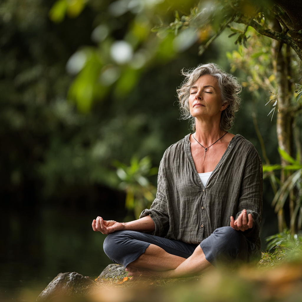 Middle-aged woman practicing yoga meditation in peaceful natural setting